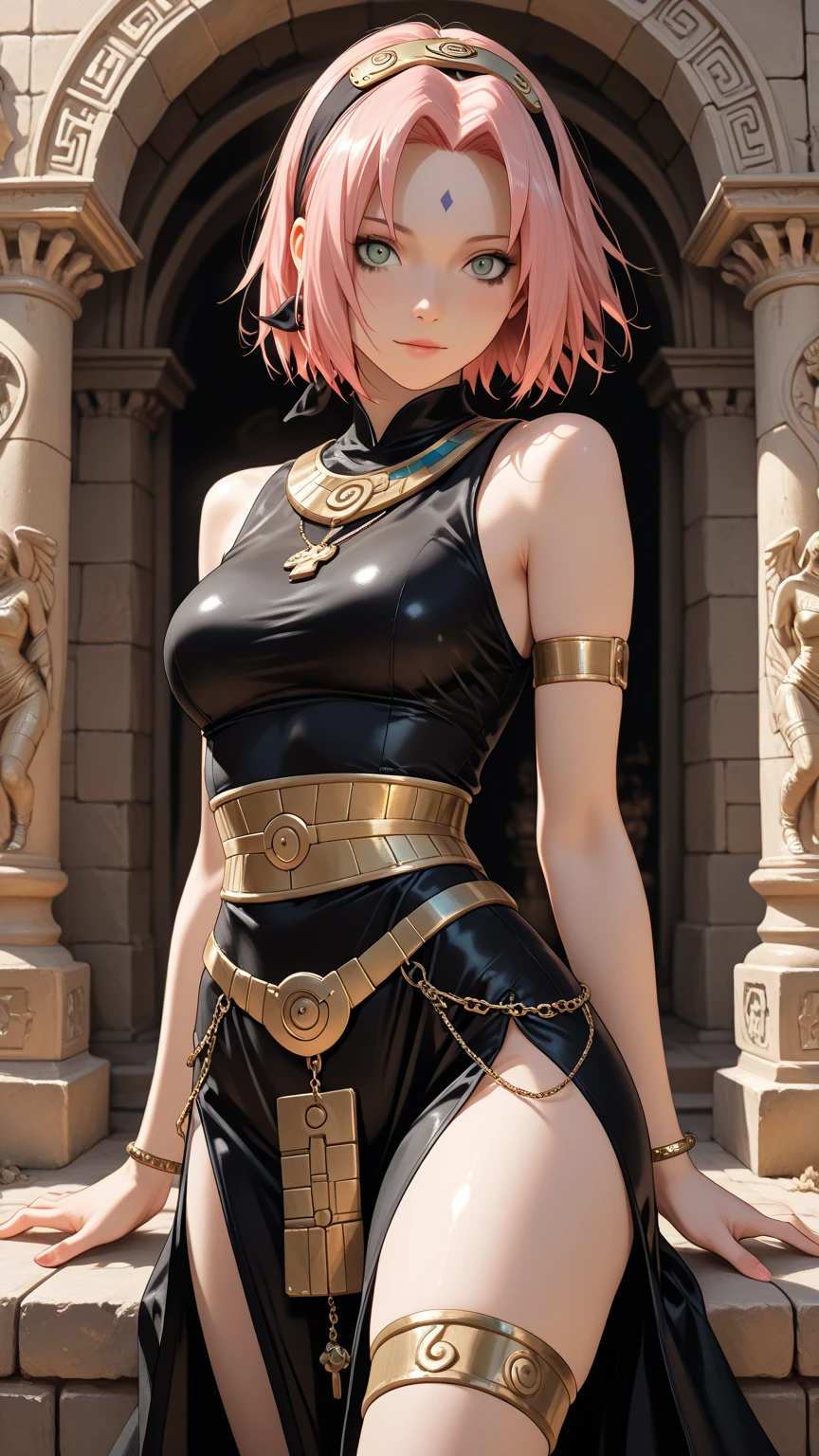 8k, masterpiece, best quality, realistic, higly detailed, cowboy shot, 1girl, solo, Ichika Nakano, very short hair that has a single long strand on the right side, white-pink hair, a single earring, dark blue eyes, average height, well-endowed figure, large breasts, cute, Egyptian Goddess, Egyptian, Goddess, Egyptian Goddess, Egyptian, Goddess,