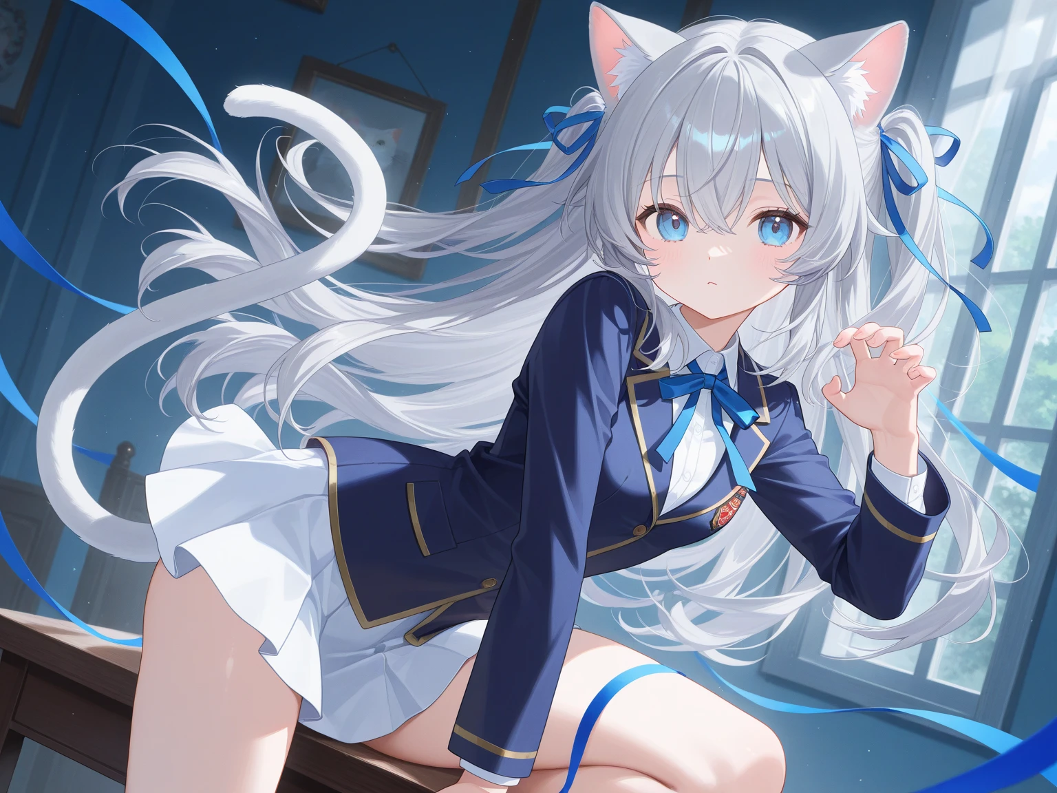 White-haired girl with cat tail and cat ears in short skirt