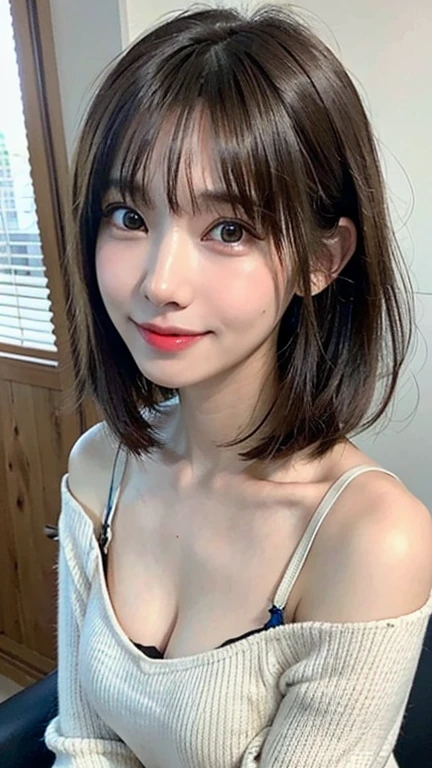 (8K highest quality)、(beautiful)、Precision Eyes、Fine skin、22-year-old female、Stylish、Brown eyes、Soft Breasts、Brown Hair、looking at the camera、Sit on the sofa、lingerie、Small lips、Semi-short hair、Natural Lip