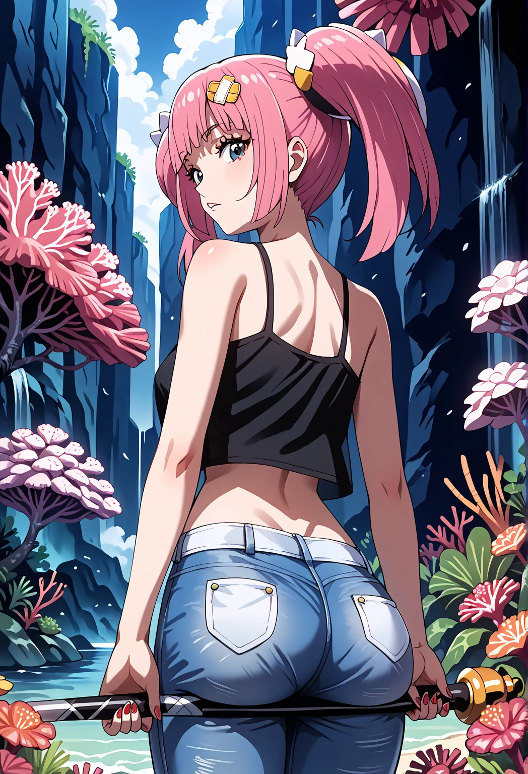 (vector image:1.2), (best quality), (highres), (masterpiece), (anime), (young teenage girl), (gloomy orgasm:1.1),(colored hair), (blush), (sporty top), (stockings ), ( skirt), ( drowned in quicksand bog), (red),sky, from back