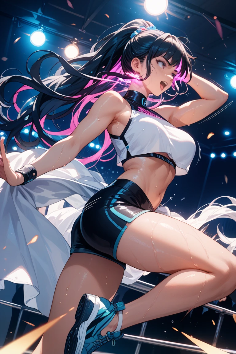 {{masterpiece}}, {{{Highest quality}}},{{Very detailed}}{{female martial artist}},{{Female fighters are sparring in the ring and struggling.}},{{}},solo,1girl, {{Very slim legs:1.2}},slim body,{{}},{{}},Mature Women,Dynamic composition、Dutch Angle,from side,Focus on thighs,,v-shaped eyebrows.profound,Bad mood,blush,Sweat,{{clavicle:1.4}},{{}},,choker,,,,black fingerless gloves,dolphin shorts, Pink camisole, long hair,ponytail Blunt bangs,high-cut sneakers,On the ring,Small crowd outside the ring