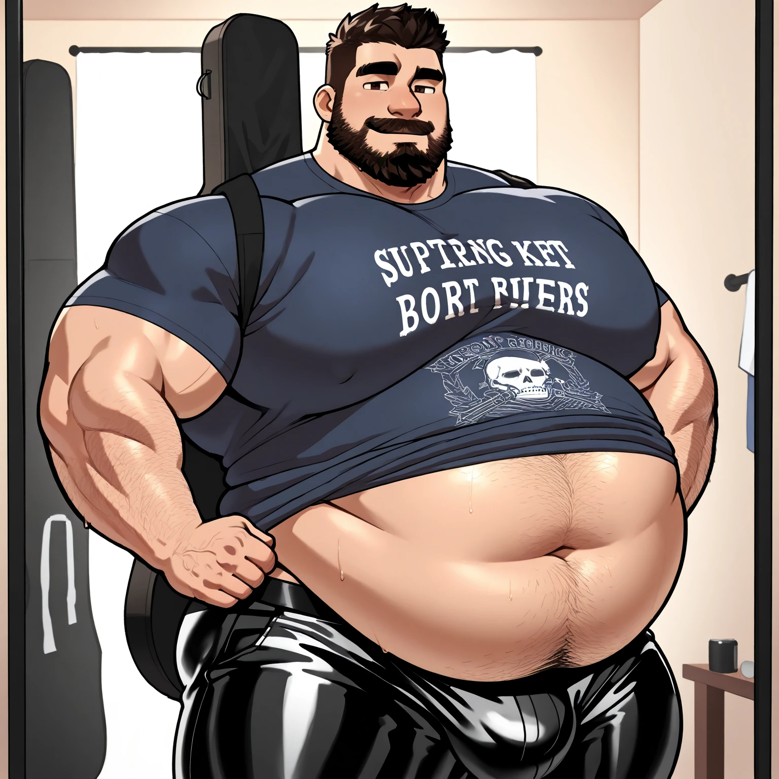 Chris Redfield 50 yo, male focus, beard,muscular male,  short hair, pushed back hair style, mature male, (black tank top:1.3), pectoral cleavage, mustache, brown hair, hand on chest, indoors, blue eyes, chest hair, covered abs, muscled legs, big feets, hairy legs,  window, door,black briefs, wearing no shoe, black socks(black socks:1.3), full body shot, bulge