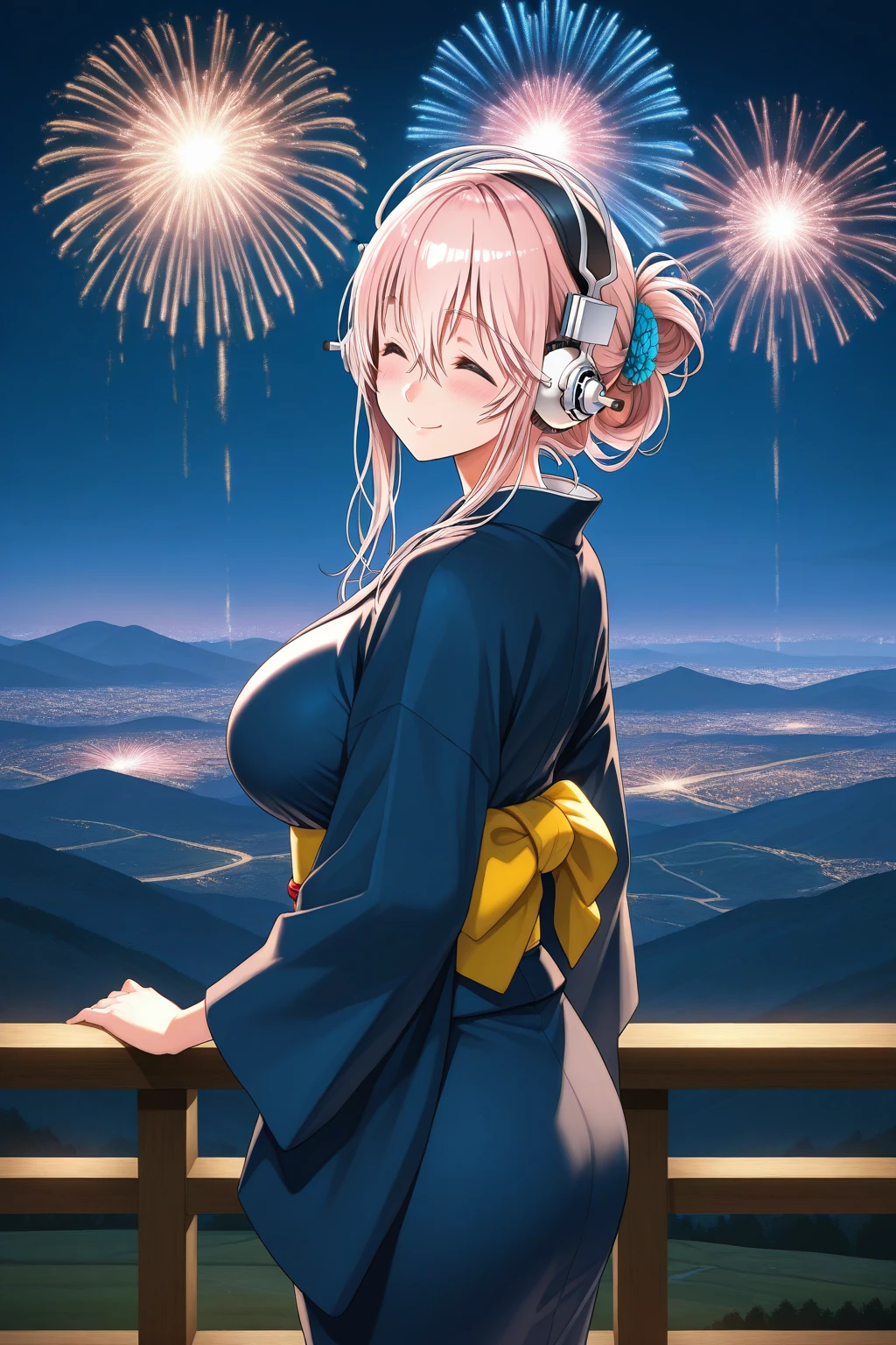 Highest quality, Highest Resolution, Super detailed,1People Girls, fair,yukata,Big Breasts, Transparent nipples,firework,Short Hair,Glasses,Ecstasy face,Exciting