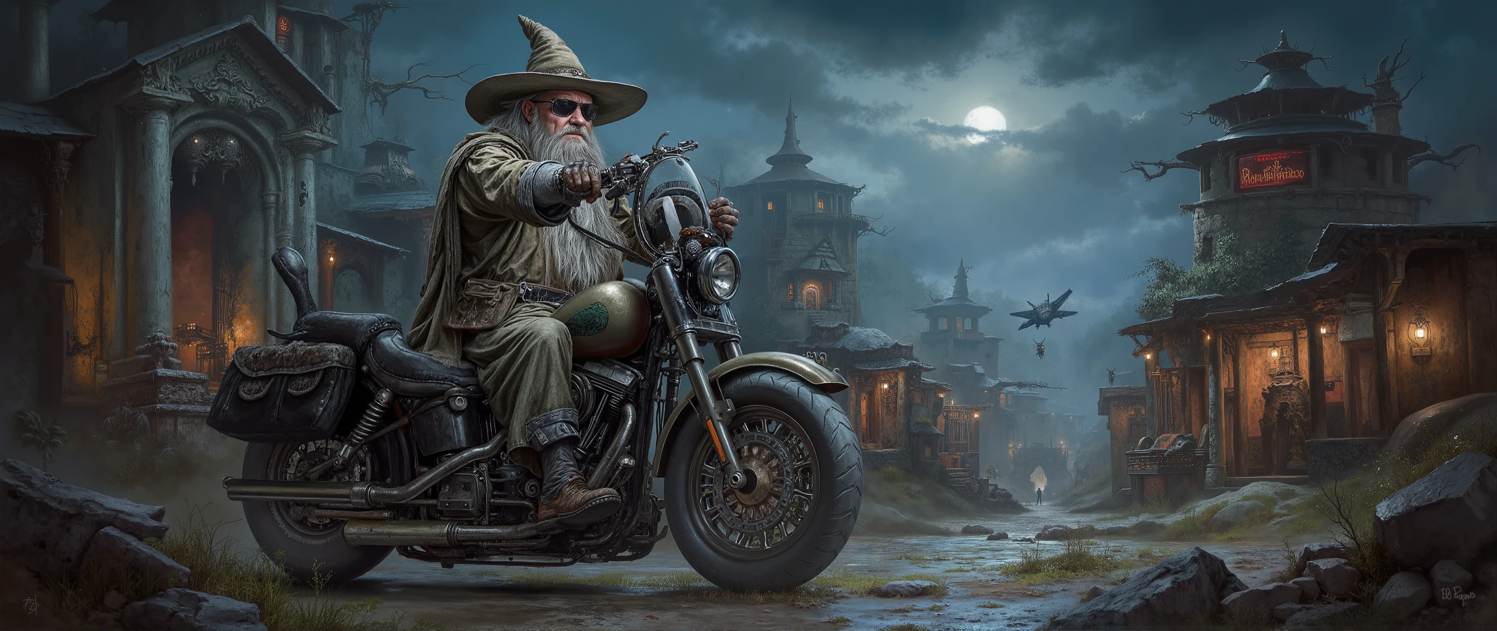    epic oil painting    , 16 thousand.,    photo quality,   The fantasy zone     , with a scrupulous drawing of all the small details, 10000 years     ,          , incredible detail with thousands of small details       , Old wizard, wears the wizard's robe and pointy hat, The old man sits on Harley Davidson, wearing sunglasses, night city