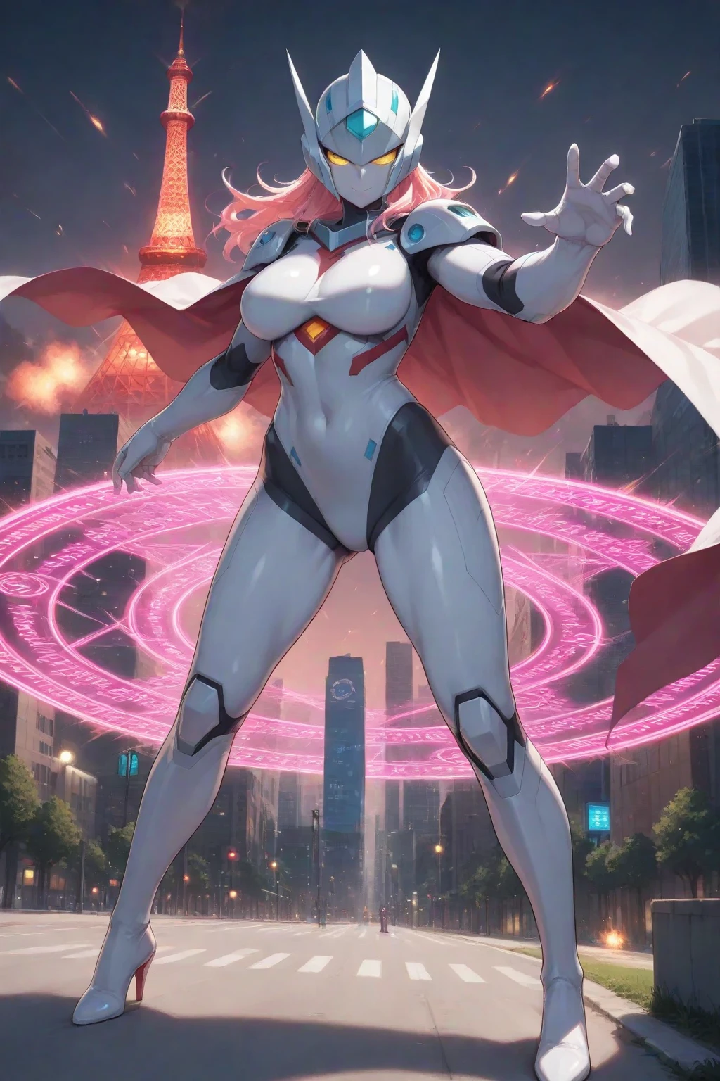 Realistic,highest quality, Ultra Detail, High-quality CG rendering, The most delicate and beautiful, Floating softly, High resolution, (1 girl), (Highest quality,4K,8K,masterpiece:1.2) ,Light pink hair,Long Hair,Pink Eyes,(Ultra Girl:1.0),(Pink Ultraman bodysuit:1.4),(Red gloves:1.3),(Red Shoes:1.3), (Turn your back to your audience:1.3),Ass,