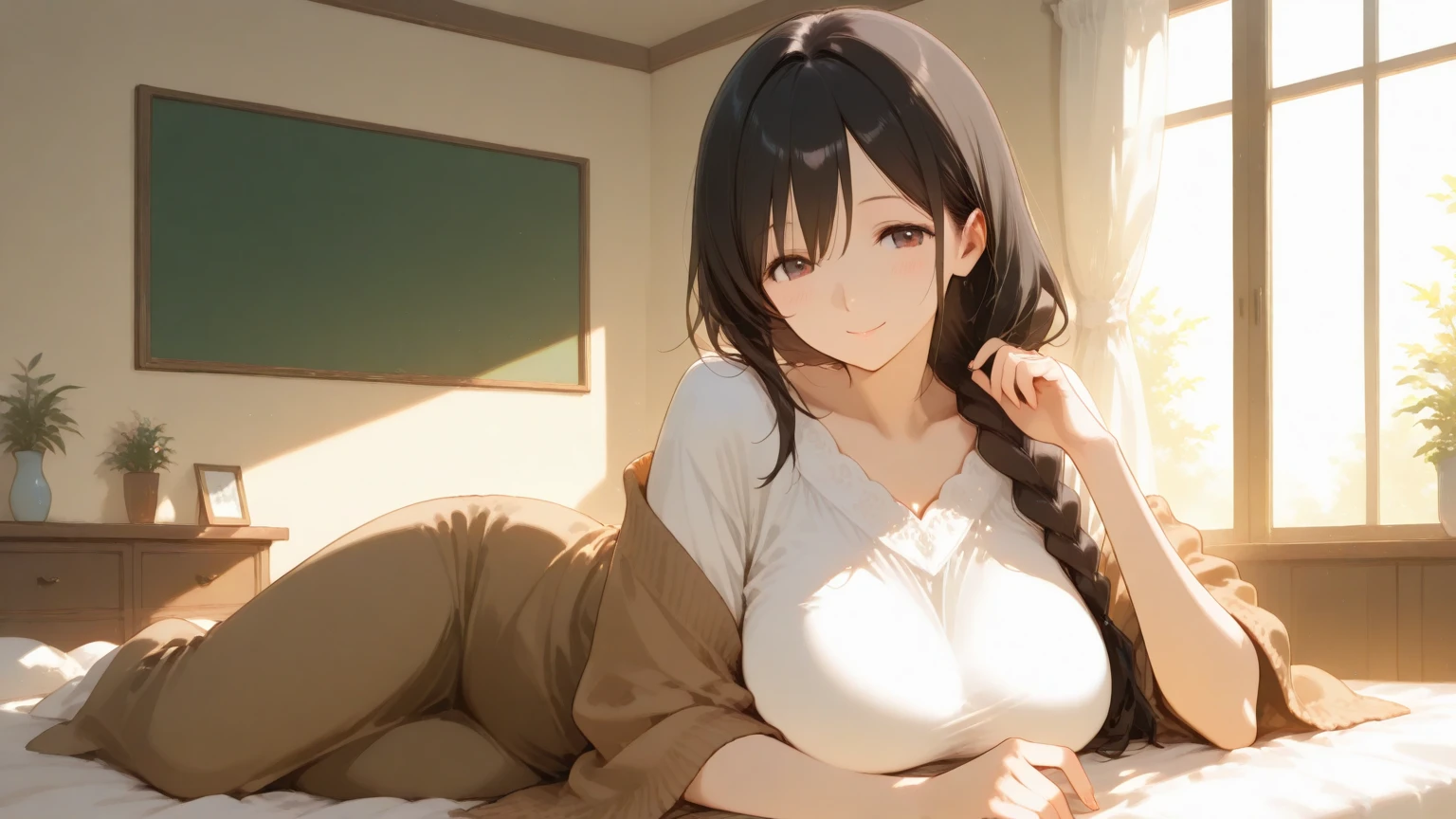 masterpiece, highest quality，Black hair medium，Brown eyes，White skin，Looking at this，Shy expression，Loose white sweater，A little bit of cleavage is visible，seiza，Inside the room，Hands on knees