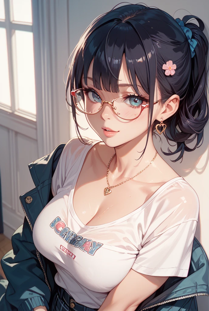 1girl, masterpiece, best quality, ultra detail, short straight black hair, pink lips, blue eyes, red cheek, looking at viewer, young, medium breasts, glasses, cleavage