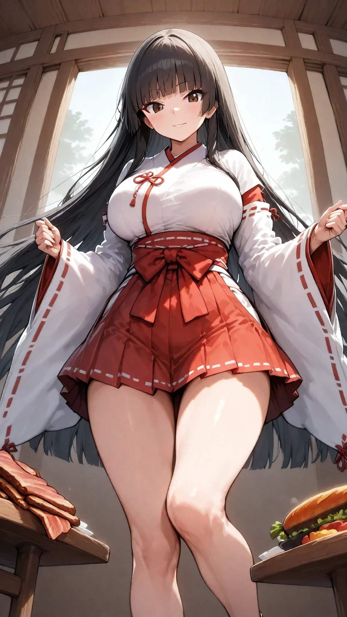 1girl, solo, shrine maiden, detached sleeves, white thighhighs, japanese clothes, huge breasts, standing, hakama short skirt, full body, from front, front view,