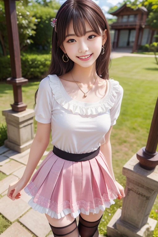 highest quality、8k Masterpiece、超A high resolution、(Photorealistic:1.3)、RAW Photos、1 girl、Black Short Hair、Glowing Skin、((Ultra-Realistic Details))、Portrait、Global Illumination、Shadow、Octane Rendering、8k、Super sharp、Beautiful breasts、Metal、Cold colors、、Very intricate details、Realistic Light、CGSoation Trend、Beautiful Eyes、Shining Eyes、To the camera、Neon Details、20age、Long hair fluttering in the wind、Obscene、wide shot、full body、Silver charm on the ankle、smile、Young body shape、未来的な白いIdol衣装、Cosplay、A little sexy、Moe、very cute、cute、pure、virgin、love、Idol、shocking pink、mini skirt、Frills、見たこともなほど可愛い白いIdol衣装、A girly cafe with gentle sunlight