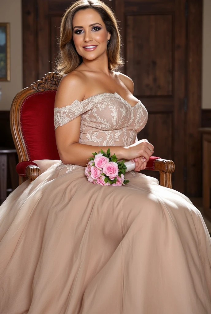 An extremely beautiful stunning woman with a perfect busty body, gold blonde long silky hair, big blue eyes, extremely super bright snow white fair stunning flawless glowing lush shiny flawless white skin, a perfect tight hourglass figure, and a skinny waist, sexy thick smooth luscious legs and thighs, extremely cute smile on the face, bright pink blushes on cheeks, wearing a short sexy tight revealing white bikini with threads, yellow heels, gold necklace on the neck, gold anklets on feet, gold chain on the waist, standing straight, holding a red roses bouquet, beach in the background, show full body from head to feet.
