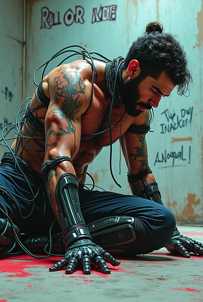 Batman is imprisoned on the cross, with a sturdy body wrapped in hemp rope all over his body. His wrists are fixed above his head, his hands are raised high, and his ankles are wrapped in hemp rope. He is strong and burly, barefoot, with a close-up of the soles of his feet and a painful expression on his face