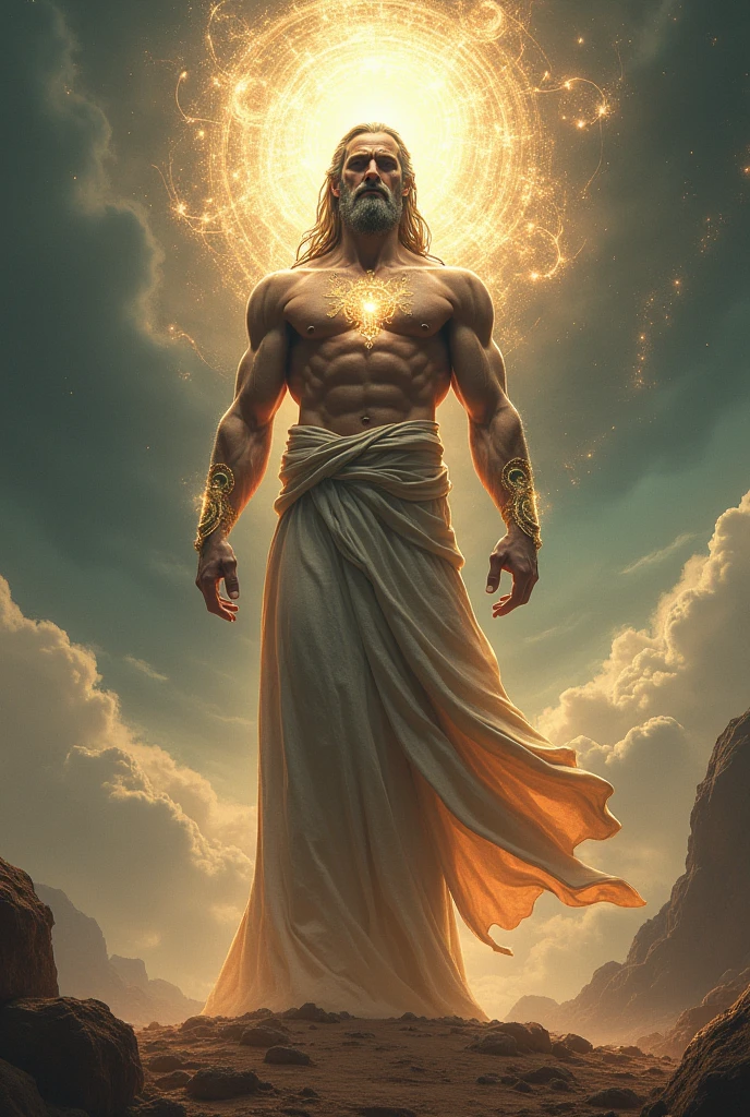 "Atum, the solitary Egyptian god, emerging from the chaotic waters of the primordial universe. He stands on the primordial hill, with a detailed and chaotic background. The image should capture the sense of desolation and creative power of Atum. (best quality), ( masterpiece), (realistic), (detailed), portrait, close-up, stunning gradient colors, no watermark signature, detailed background, incredibly detailed (masterpiece), absurd, HDR"
