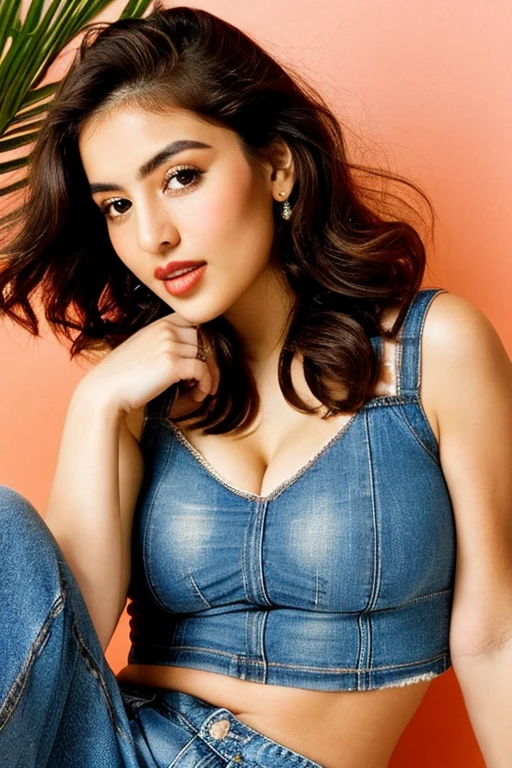 Vogue style side view photo shoot of 1 malay 20years old young woman wear  (( jeans jacket, no bra, open jacket )) with pastel colours background in Wes Anderson style, ((cleavages)),detail skin texture, detailed face, saggy breast, dark , camel toe, heavy big breast, big round ass, wide hips, thick thighs, beer belly, curvy, view from side, hyper - realistic photography, Wes Anderson style, full body, 8k, close - up shot, extreme close - up photo, ((looking at viewer)),  shiny wavy black hair