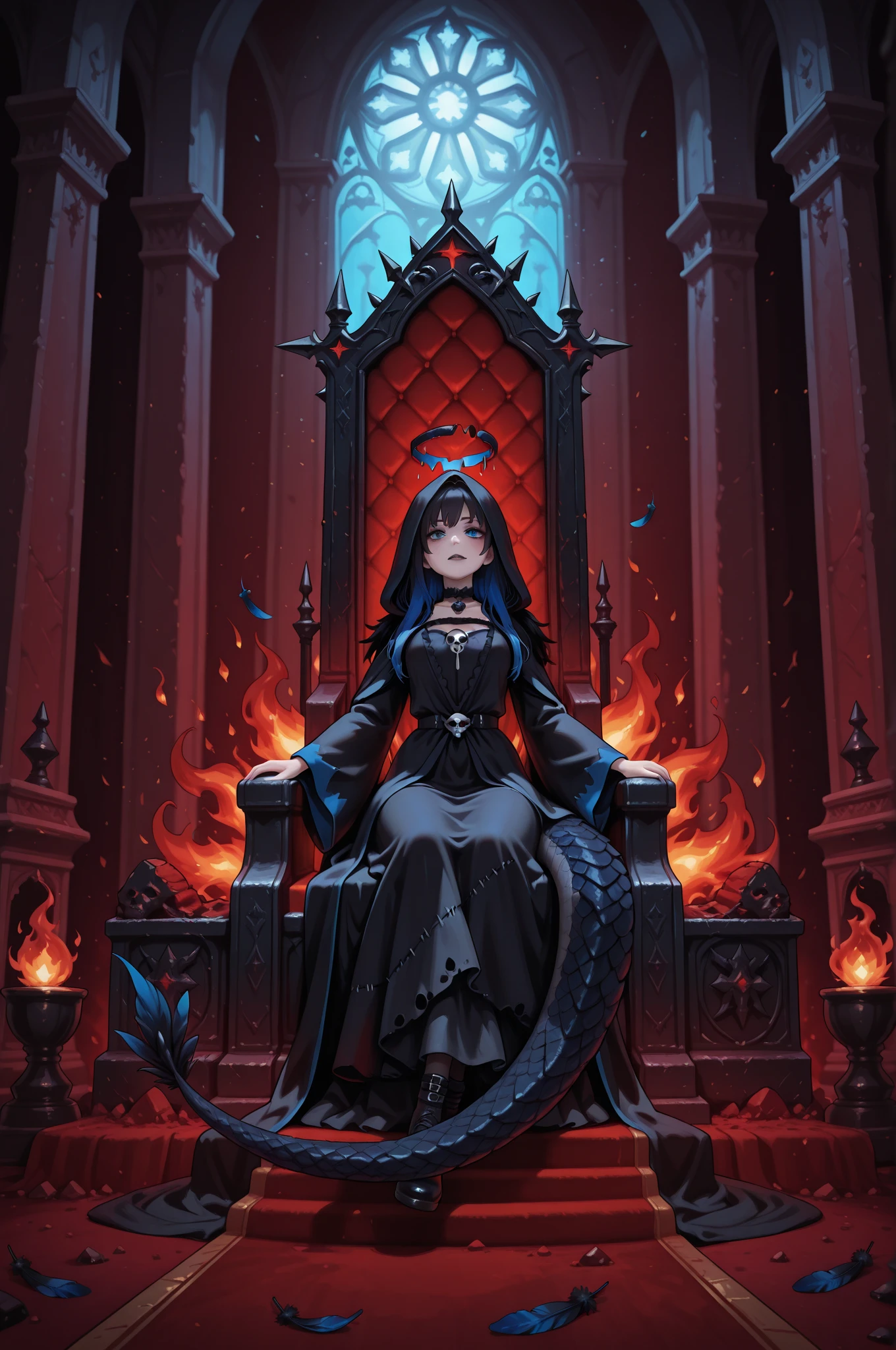 Dark queen of sorceress, dark magic, blood magic, court of evil, throne, liquid dress