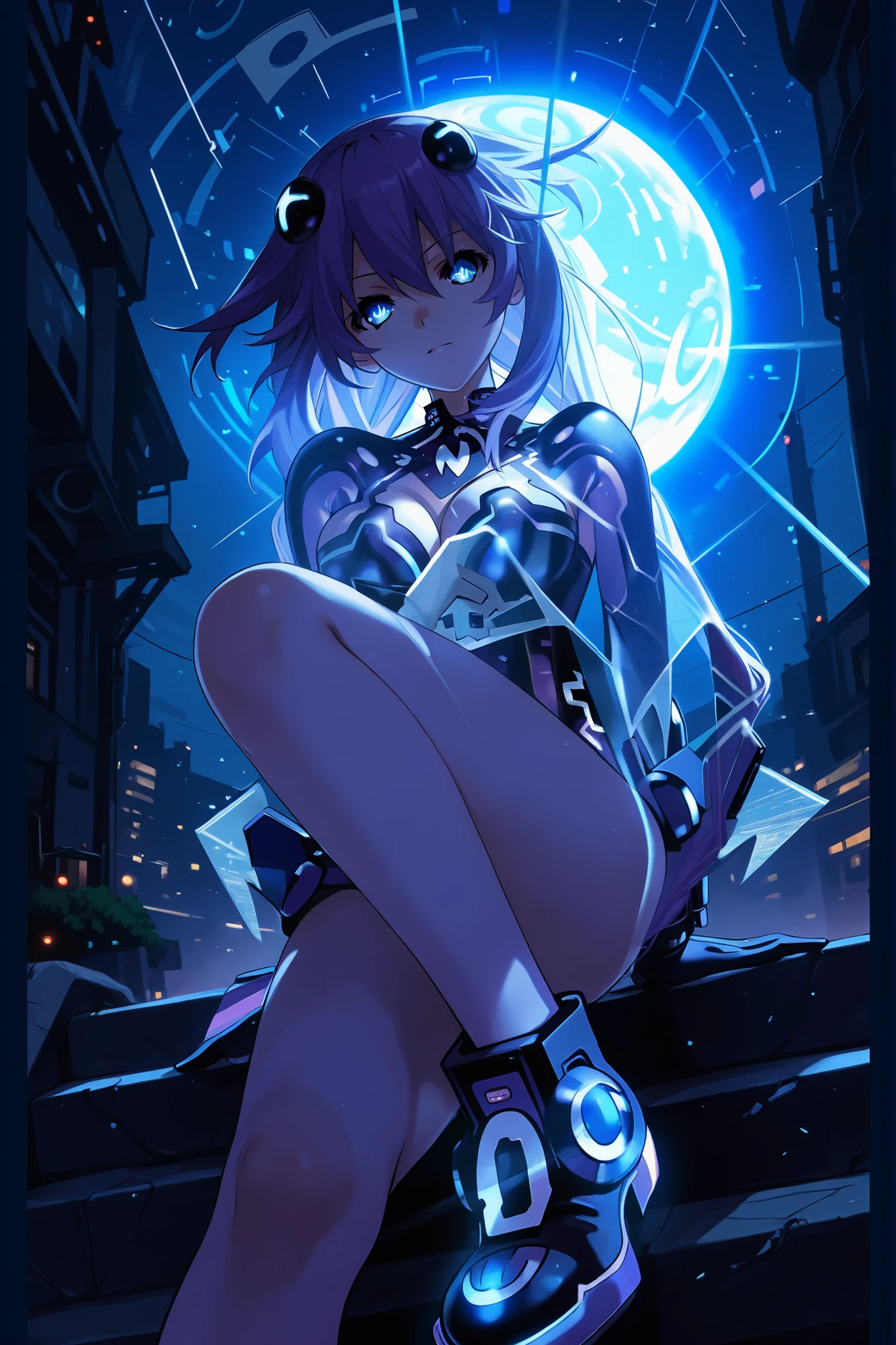 Lots of blue butterflies、Background Black、Line art、Neon LightThe overall look is dark，Blue glow, Glowing Blue, Glowing Details!, Glowing Aesthetics, Shining with Magical Light, White Glowing Veins, Glowing Details, Shimmering with Colorful Lights, Bioluminescent Skin!, with Glowing Blue lights, anime characters; full body art, Glow effect, Luminous veins, Blue light. fantasy, A cartoon girl in a glowing outfit sits on the ground. The neon on her body is the light source.
