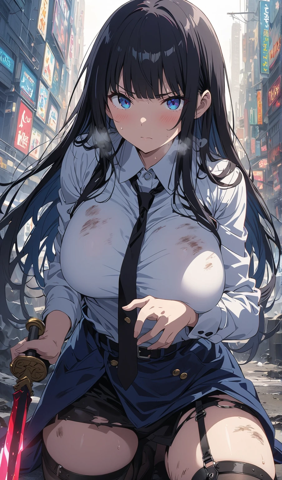 a 20 year old Italian girl with super giant breasts and a man attached to her groping the girl's breasts, the girl is wearing a torn blouse and a mini skirt, the girl has long loose black hair, a dark street scenery