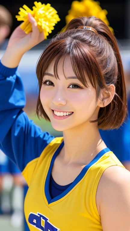 Realistic、Masseter region、Highest quality、High resolution、RAW Photos、Realistic、Bright lighting、Face Light、Smooth Professional Lighting、Japanese women、Beautiful woman、Modeled、gravure、sexy、so beautiful、Realisticで美しい肌、Beautiful and exquisite、Detailed face、slim、Large Breasts、Cleavage、short hair、Brunette colored hair、Brown eyes、Looking into the camera、Cheerleader、Cheerleader、Cheerleader、smile