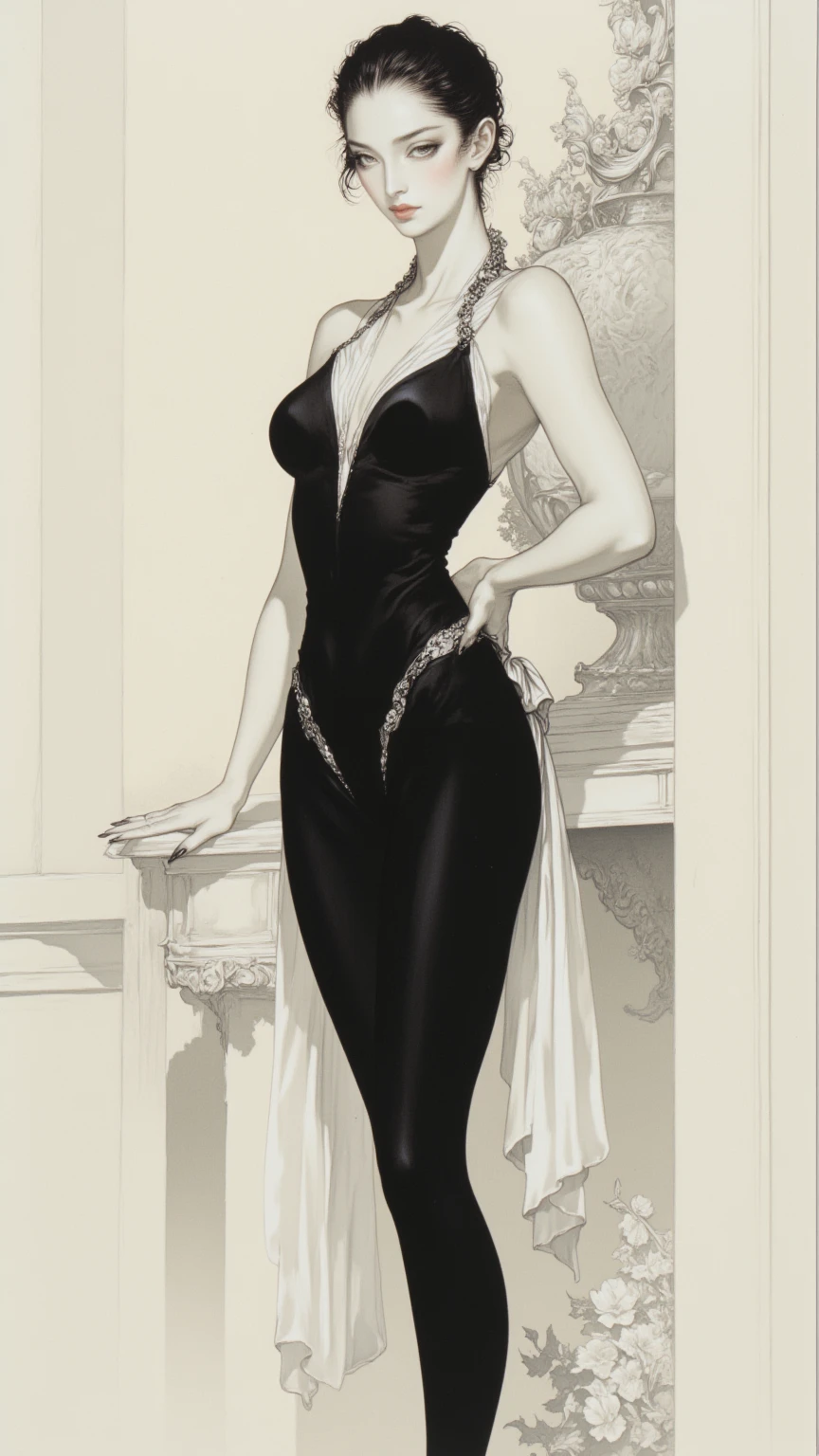 score_9, score_8_up, score_7_up, score_6_up, sp1t, detailed hatching, monochrome, Masterpiece, hd, full detailed, jessica rabbit, sideless dress, (glitter dress), sleeve gloves, dark hair, detailed eyes, perfect eyes, eye make up, dark lipstick, cleavage, seductive look, seductive pose, thick thighs, looking at viewer, cameltoe, on stage