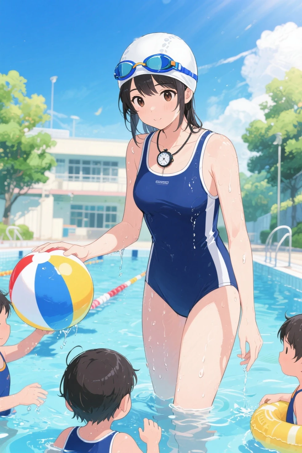 highest quality、High resolution、detailed background、masterpiece、cute10歳の美少女、(three women:1.3)、navy blue school swimsuit、brown hair、bob cut、braided ponytail、それぞれcute編み込みヘアスタイル、realistic images、perfect body line、thick thighs、show your whole body、detailed face、
(Five beautiful girls wearing school swimsuits are having fun at the school pool.:1.5)、
playfully splashing water on each other、happy look、smile、open your mouth and smile、smile、Swimsuits that glow when wet、the whole body is wet、Hair is also wet、cute