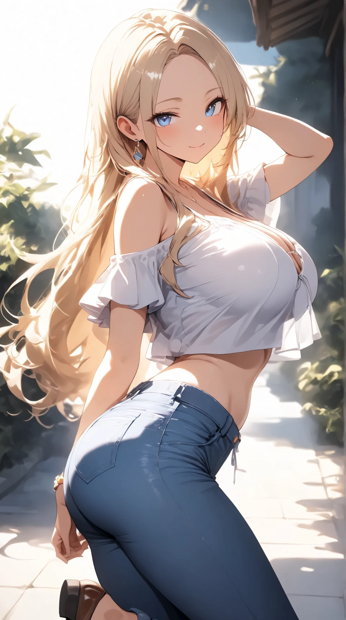 (Highest quality:1.2, Anime artwork, Very detailed, Attention to detail, digital coloring, High Contrast, masterpiece:1.2, Highest quality, Best aesthetics), (((kitagawa marin, 1 girl))), blonde, Straight Long Hair, Pink gradient hair, Red eyes, Earrings, White shirt, Black choker, Check skirt,, smile, Are standing, Cowboy Shot, Sunset on the beach、Detailed Background,Big Breasts:1.1、Cleavage、See through 、Lightweight shirt、Pink underwear、Underwear is visible、Dynamic pose
