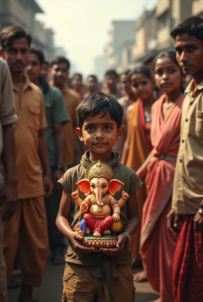A young boy wearing an orange t-shirt with 'ANKIT' written on it, walking hand in hand with a majestic and traditional Hindu deity, Lord Ganesha. The boy is smiling, looking content and happy. Lord Ganesha is depicted in his traditional form with an elephant head, holding a trident and blessing the boy. They are walking together on a modern city street with houses and trees in the background. The scene is bright and colorful, capturing a blend of tradition and modernity.