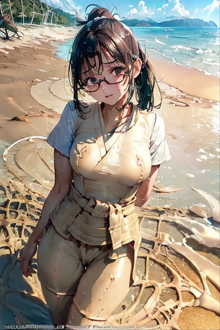 8 year old girl, Solitary, rest, Double tail, Black Hair, bangs bangs, Brown pupils, Long eyelashes, beautiful eyes, (flat chest), lips, Meat Leg, permanent, hair clipss, Uniforms,Japanese sailor suit,Knee socks, Lando Seru Backpack,(many, Impressionism, painting)、Disheveled、Clothing that fits snugly,Chest contour、(((Wet clothing))(((Ultra-thin clothing))),((Flesh outline)),Grinning