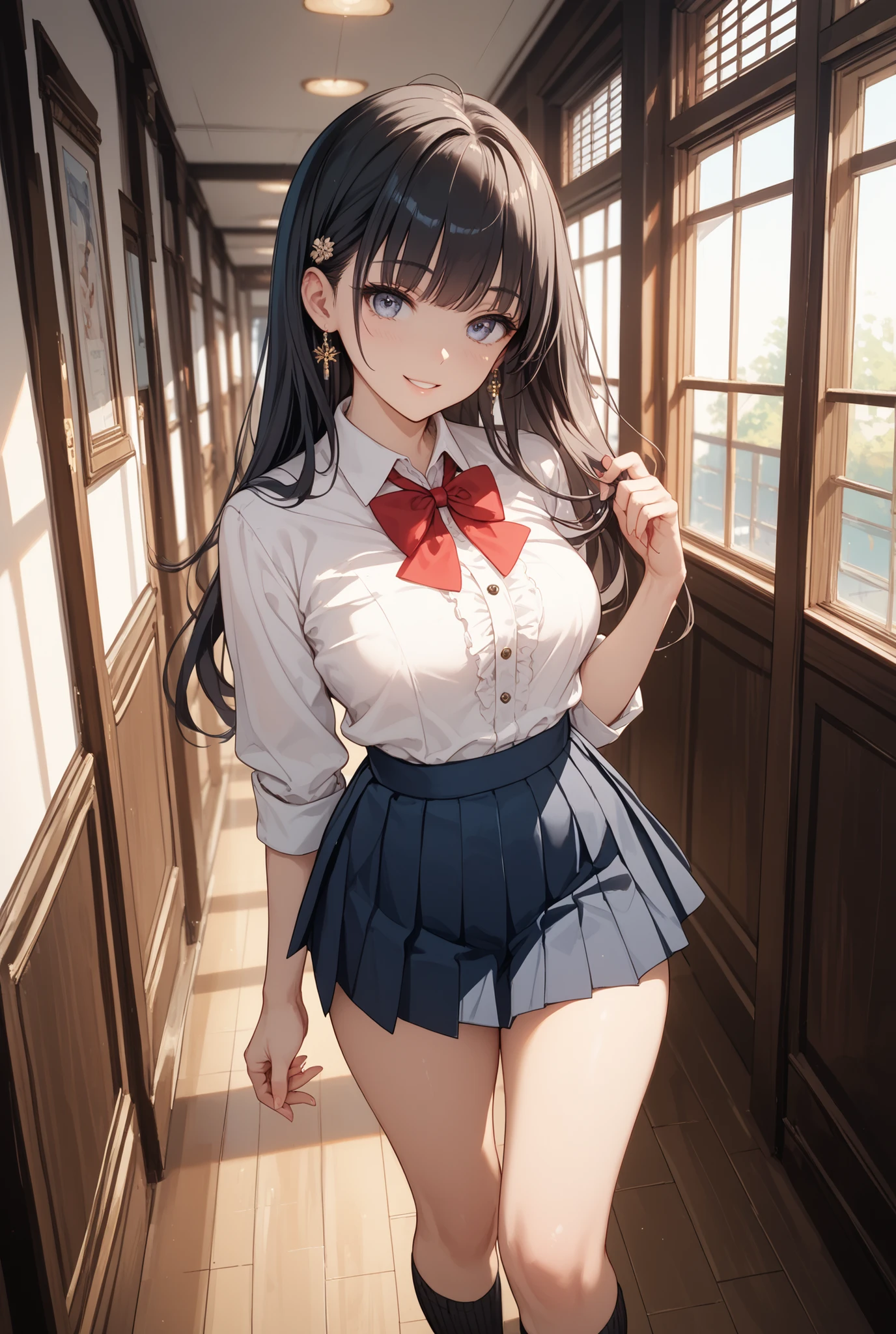 {masterpiece}, {highest quality},1 girl,school_uniform,sunset、Small cleavage、Button unbuttoned、nipple、