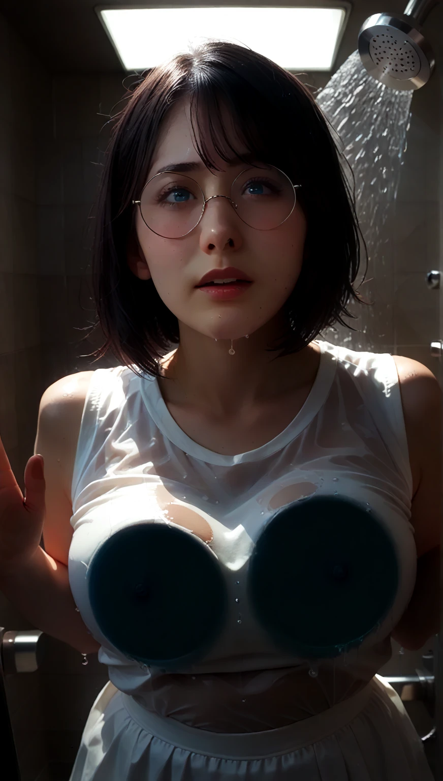 middle Ages aunty, mature aunt wearing long white tanktop, long tanktop, long strict tanktop, white Strict Tanktop, long ribbed  tank top, big round white tank top covering stomache, big strap white tanktop, wet tanktop, sweating, sweating armpit, wet armpits because of sweating, looking at armpit, exposing armpits, arms up, medium long straight messy cut short hair, short hair, brown hair, Short jeans, Black white stripe pants, glasses, narrow alley, dirty dark place, cute girl, pretty face, delicate face, Green eyes, full body, smiling expression 