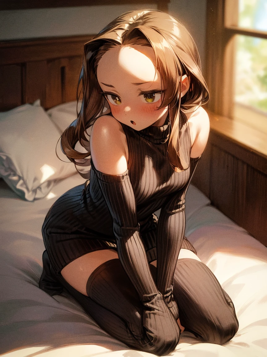 top-quality、Full limbs、complete fingers、Slender beauty、Women with straight hair、Brown-haired woman、Women with medium hair、(Beautiful busty woman:1.3)、(black knit leotard)、Black High Socks、room with naughty poses、a bed、Blushing、Surprised face、embarrassed face、((all-fours))