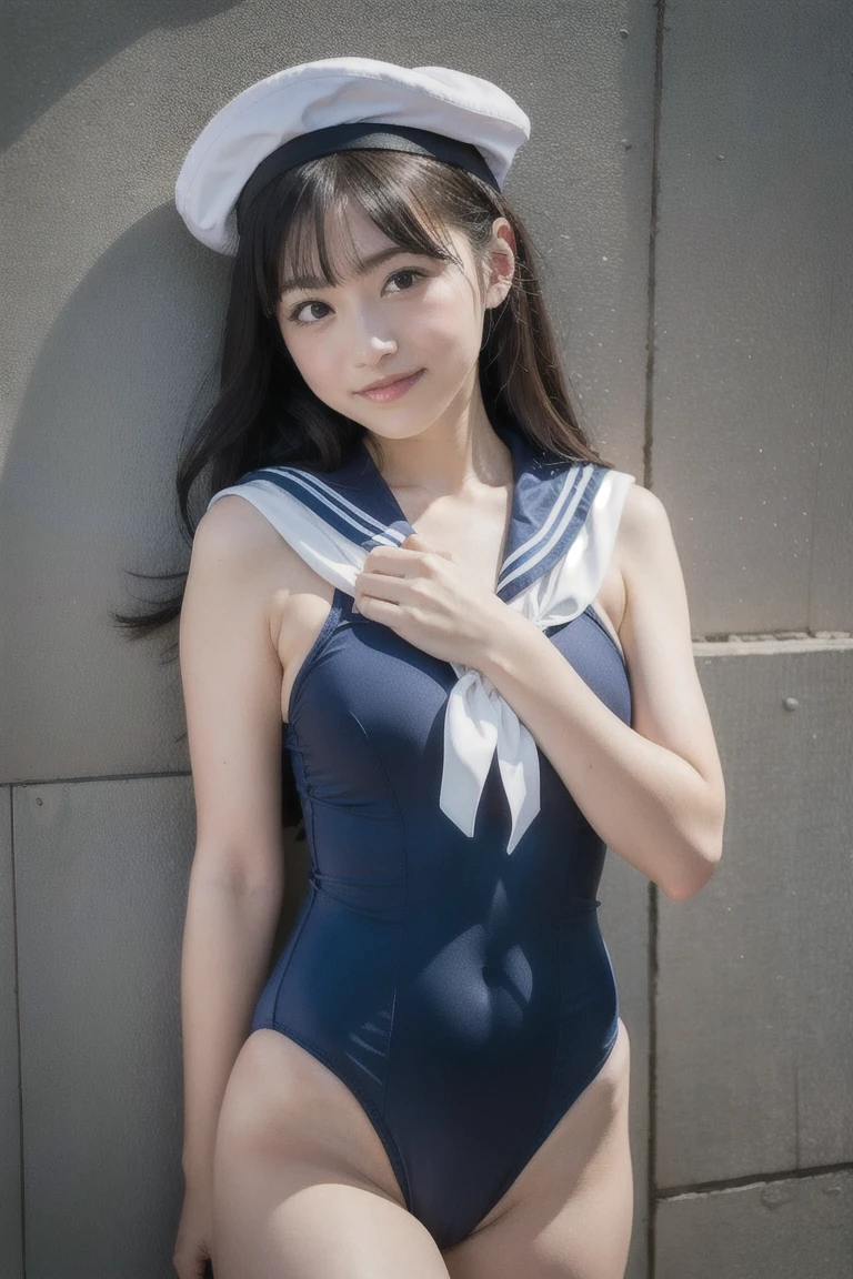 (best quality,ultra detailed,highres,HDR,8k,3D,realistic,photorealistic,super fine,cinematic natural light effects,official art,detailed background), ((very happy girl smile,young,Japanese,small face beauty):1.3), ((kawaii,round face,small face beauty):1.3), ((clothes reflecting light,elaborately designed clothes:1.3,super detailed skin):1.3), (dynamic pose:1.3), (multicolored hair:1.2), (Dip dye hair:1.1), (large breasts:1.3), (wide hips:1.3), ((White sailor suit: 1.4), (Plain high-leg competitive swimsuit: 1.3), (Wearing a sailor suit over a swimsuit: 1.2), (Thighs), (Thighhighs: 1.3):1.3), ((Penrose tiling background):1.3)