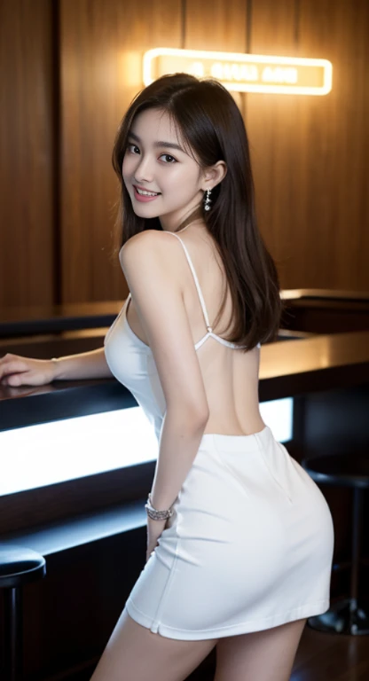 8k, masterpiece, RAW photo, best quality, photorealistic, extremely detailed CG unity 8k wallpaper, Depth of field, Cinematic Light, Lens Flare, Ray tracing, (extremely beautiful face, beautiful lips, beautiful eyes), intricate detail face, ((ultra detailed skin)) 1girl, in the dark, deep shadow, pretty girl, (very slim slender fit-muscled body:1.3), ((looking at viewer)),(big smile:1.3), clear eyes, front shot, (pale skin), (big eyes), face forward, (upper body shot), (brown hairs), (looking at viewer:1.3), very slim, medium breasts, thick thighs, cityscape, rooftop , dim lights, blurry background, (night), golden sparkle dress, Veranda, big windows, see through dress, open breast