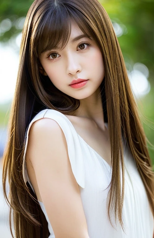(High resolution:1.3), (16k, Photorealistic, Raw photo, Best image quality: 1.4), Japanese, (One Girl), Beautiful Face, (A vivid face), (Brown hair、Long Hair:1.3、Center parted bangs:1.5), (Brown Eyes 1.3), Beautiful Hairstyles, Realistic eyes, Beautifully detailed eyes, (Realistic Skin), Beautiful skins, attractive, 超A high resolution, Surreal, High detail, Golden Ratio, Highly detailed cute girl,(20-year-old)