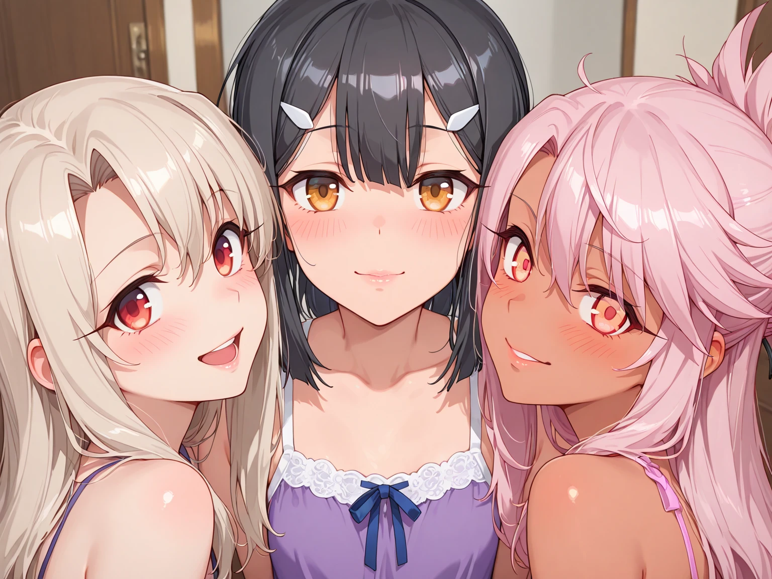 three sexy women who are wives of 4 years old boy looking at camera, seductive smiles, portrait, various hair, view from below