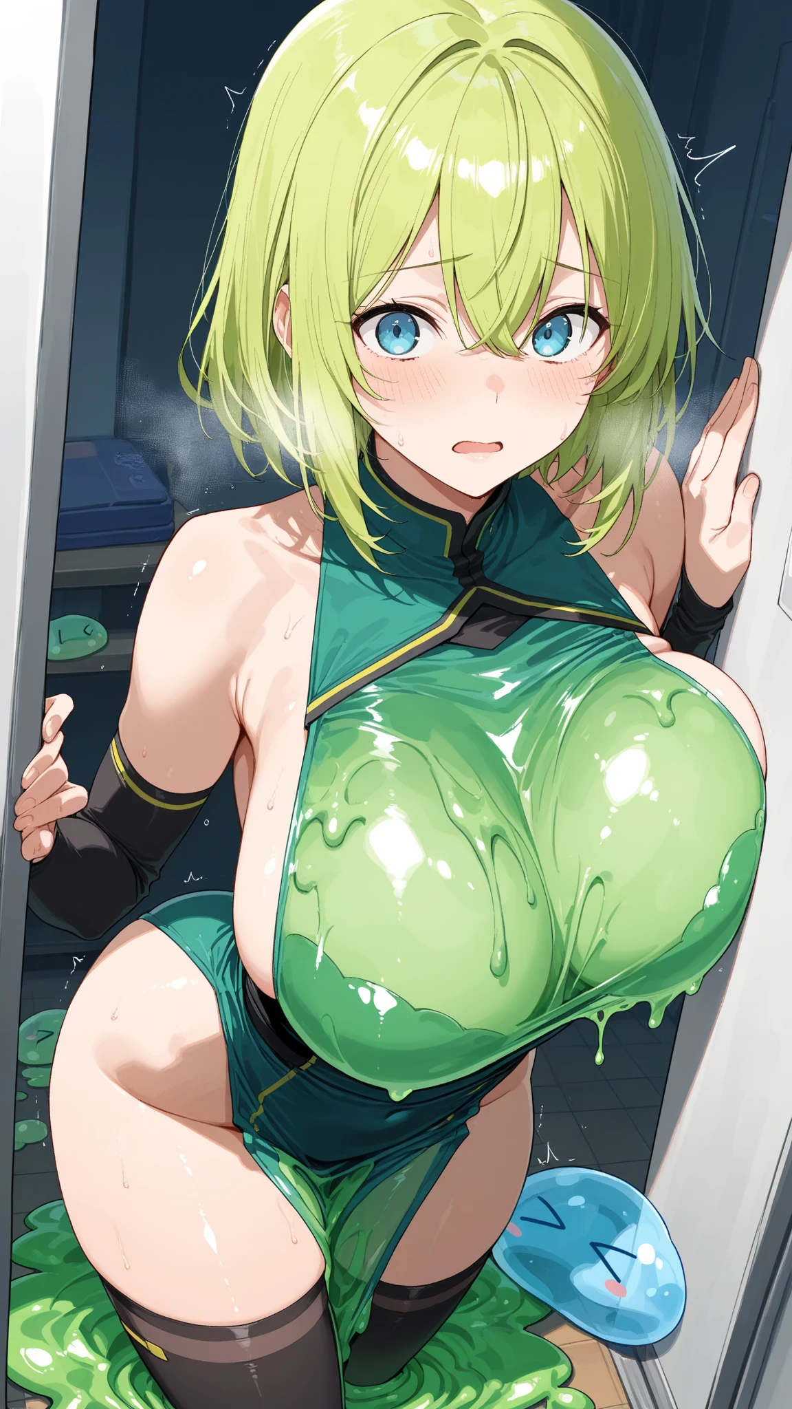 NSFW, 1girl_and_2boys, squatting,gigantic breasts, smell,full body, green hair,red eyes, pubic hair,armpit hair, ,sunflower_hair_ornament ,toilet, condom_belt,smile,nude,after_fellatio, :>= ,vacuum_fellatio,bimbofication ,multiple_condoms ,kazami yuuka,bukkake,spoken heart,tongue out, best quality, amazing quality, very aesthetic, absurdres,masterpiece,