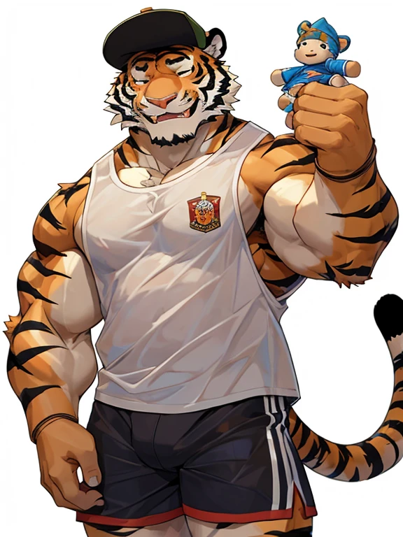 juvenile,Golden fur,blonde,Tiger,Golden Eyes,Delicate eyes,Exquisite eyes,极高的detail,8K HD characters,proudly,blush,Wearing a badminton uniform,Holding a badminton racket,Look at the screen,The background is a badminton court。(detail,Eyes detail)