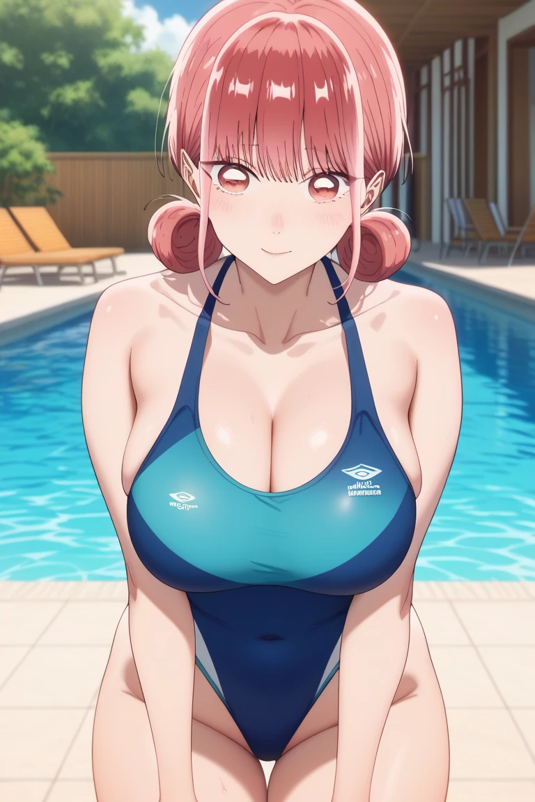 Yuigahama Yui, short hair, (brown eyes), (Pink hair),  single bun hair, 
break 1girl,  (blue school swimwear:1.3), 

break looking at viewer, 
break (masterpiece:1.2), highest quality, High resolution, unity 8k wallpaper,  (beautiful and fine eyes), highly detailed face, perfect lighting, Very detailed CG, (perfect hands, perfect ???????),

(blush), smile, open mouth, 
(big breasts:1.2), focus breasts,  
Poolside, 
upper body, 