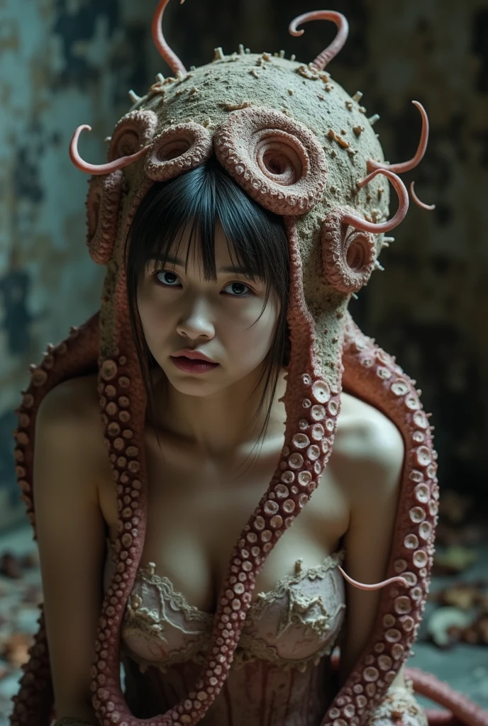 (extremadamente detallado, obra maestra, La mejor calidad), Estilo oscuro, intense illumination. templario. armadura medieval, rostro con arrugas, lengua larga, tentacle, deforme, imagen submarina, pico de pulpo amenazante. manchas de tinta. Rococo composition. Luz de caravaggio
