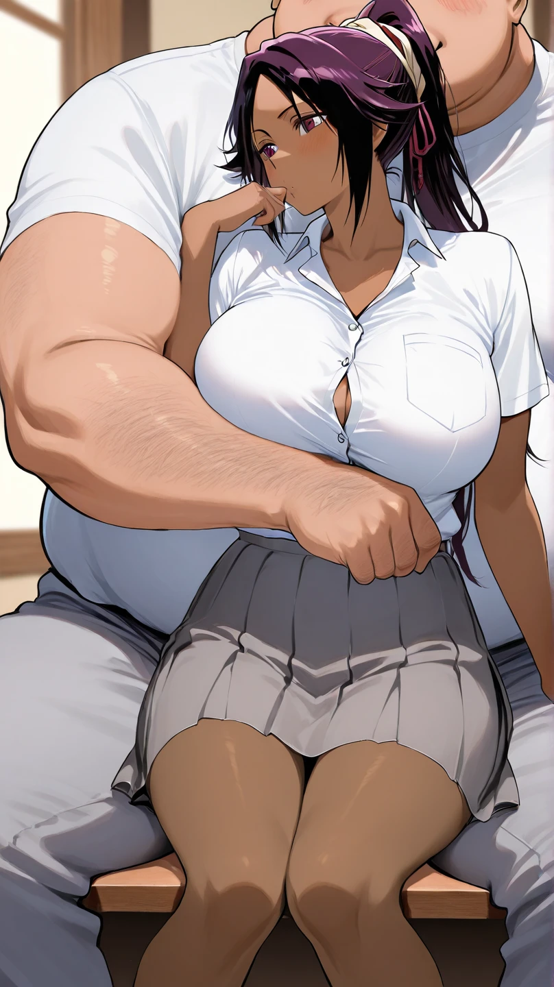 shirase sakuya,Denim shorts,Black knee-high socks,Black thigh-high socks,White shirt with rolled up sleeves,penis,Slender and sexy woman,Black Hair,Side Ponytail,Fat naked man(Grinning face),recording,,Are standing,Sweat,Thigh job,Painful face,A lot of semen,Cum on thighs