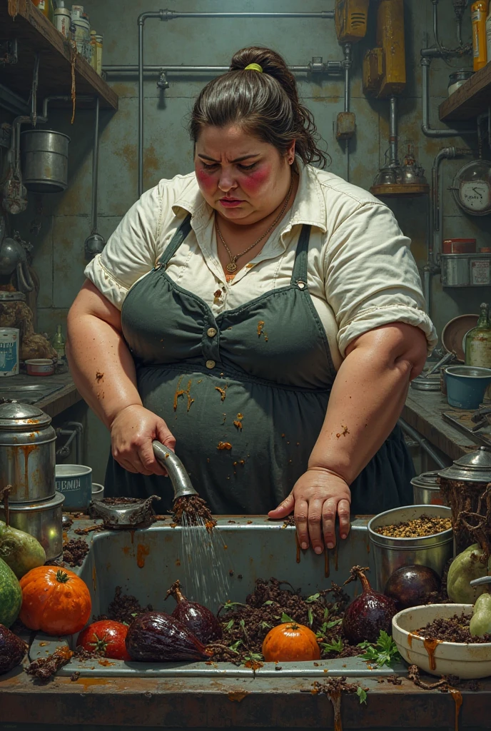 A room littered with rotting seafood in cloudy dirty water, a fat woman in her 20s with her face distorted by the stench and endured nausea