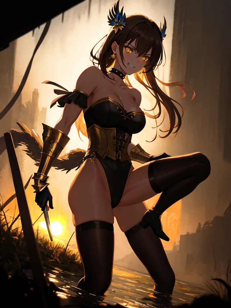 Anime girl with sword and armor in a dark room with ornate background, inspired by Masamune Shirow, badass anime 8 K, she holds a sword, she is holding a katanas sword, by shirow masamune, with large sword, style of masamune shirow, unsheathing her katanas, katanas, holding a sword on her shoulder、There&#39;Girl in bunny suit、Background surrounded by vintage leaf motifs、stormy、many bright leaves on the tree、