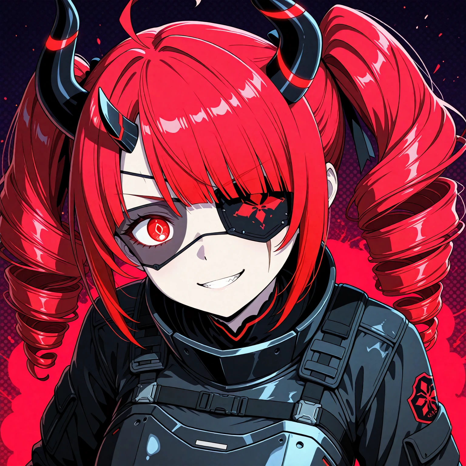 Anime-style illustration featuring a woman with long, vibrant pink hair styled in twin tails. The character has pale skin and large, black eyes with red pupils, giving a striking and somewhat eerie appearance. The character's mouth is open, revealing sharp, fang-like teeth, and there is a small amount of red coloring near the mouth. The background is dark, scary look, the character seems to be totally insane, The overall style is bold and dramatic, with strong lines and high contrast between light and dark areas. wearing an all-black military technological suit. The character is laughing madly, contorting while floating in the air, suspended meters from the ground.