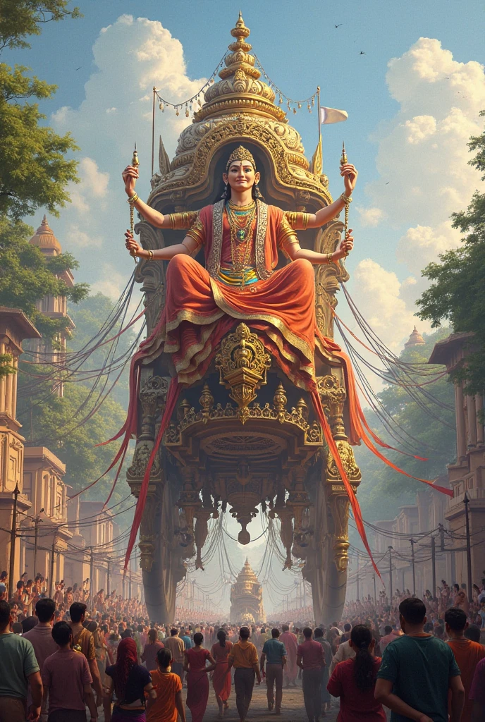 In cinematic 3d cartoon style "Illustration of the moment when Ravana abducts Sita in his chariot, with Sita looking distressed and Ram and Lakshman watching helplessly from a distance."