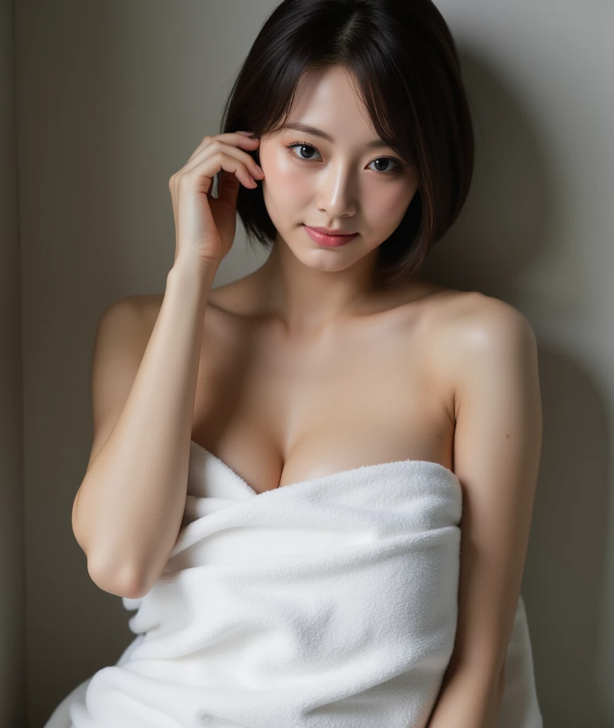 ((highest quality, 8k, masterpiece: 1.3)), woman (wrap a bath towel around your body, internal_sauna: 1.3), in the sauna room, sweating, Reddish warm room, Overhead Camera, Sharp focus: 1.2, cute woman: 1.4, (((Layered Haircut)), (White shirt), Highly detailed face、skin、Hair Texture, detailed eye, double eyelid, white skin, Beautiful feet, Beautiful and delicate nose, Drooling eye、brown hair, cute young japanese woman, 28 years old, Wrap a bath towel around your body, At a dynamic angle, Characterized by calm tones and contrast between light and shadow, With a melancholy air, while emphasizing the subject's hair., eye, Mouth and behavior, It is pleasing to the eye.、It is a thought-provoking composition.. ((bedroom、Sit on the bed、Place your hands on your legs、Late Night、indirect lighting、Sheer white bra and panties、Ample breasts、Camera eye line:1.2))