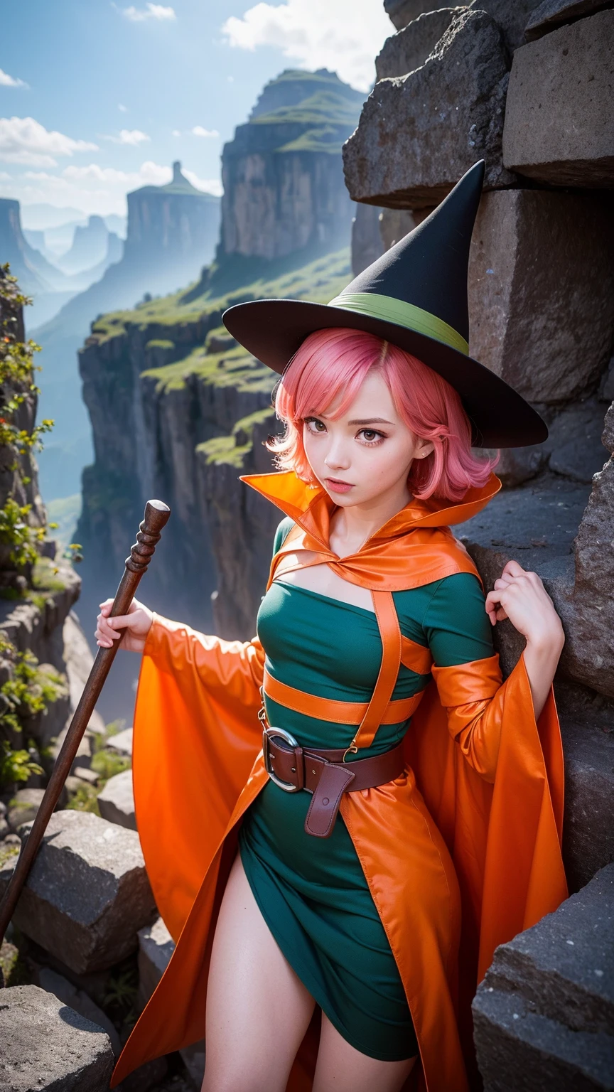 (masterpiece, best quality:1.1), mage (dq3), 1girl, solo, short hair, pink hair, red eyes, witch hat, gloves, medium breasts, boots, cape, staff, black socks, witch, simple background, (nude), squatting and open legs
