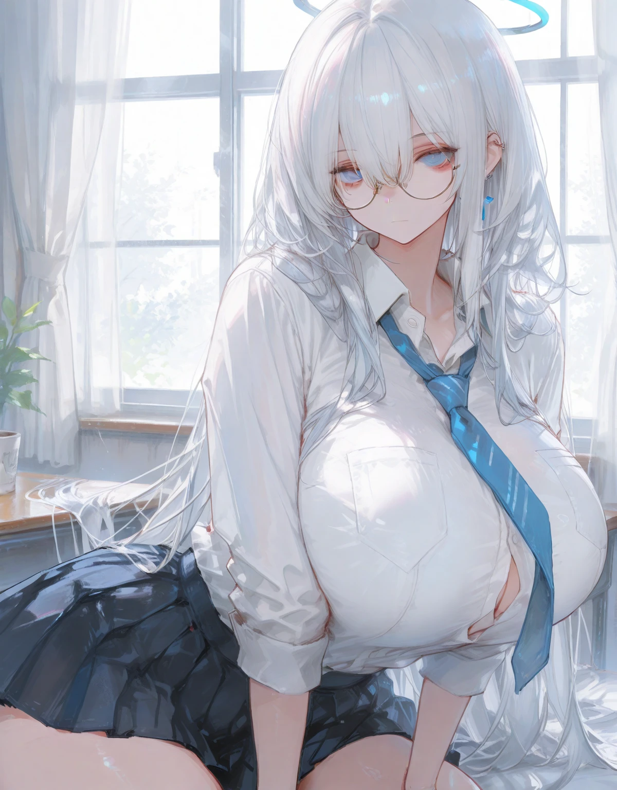 Silver Hair、Messy Hair、Golden Eyes、(Big white shirt)、Girl waking up、Background Living Room、(Right eye wink)、Big Breasts