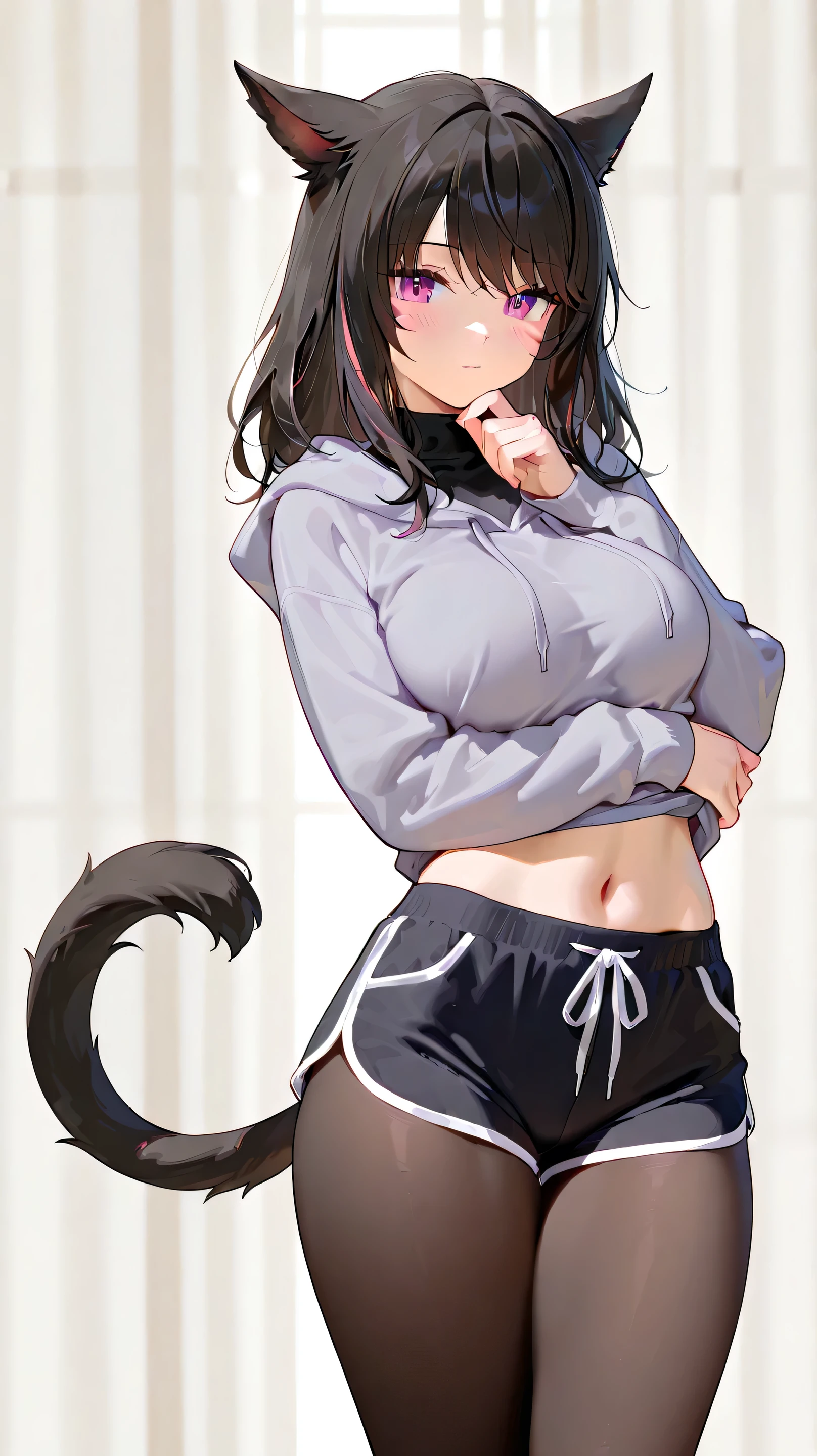 ((1boy)), big sharp wolf ears, large fluffy wolf tail, black short messy hair, black hoodie, gym booty shorts, vibrant amber eyes, black thigh highs, masterpiece, good quality, smug, slightly nsfw, has a big butt and big thighs, living room setting, teasing, seductive, toned abs, feminine boy, bent over, heart eyes, slim waist, sitting down while butt faces viewer, extremly flat chest, bulge, tongue out, saliva dripping from tongue, intense blushing, EXTRA large bubble butt, EXTRA large thighs