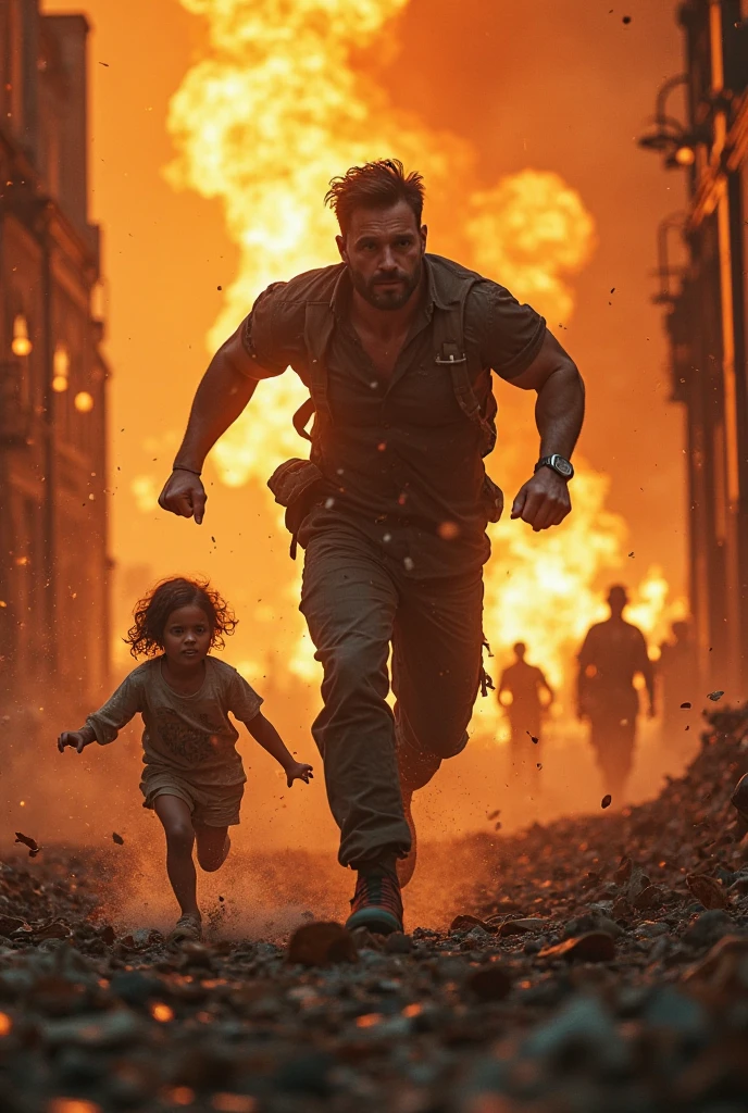 Soldier, war , violence savier runing towards , wounded back saving children no shirt