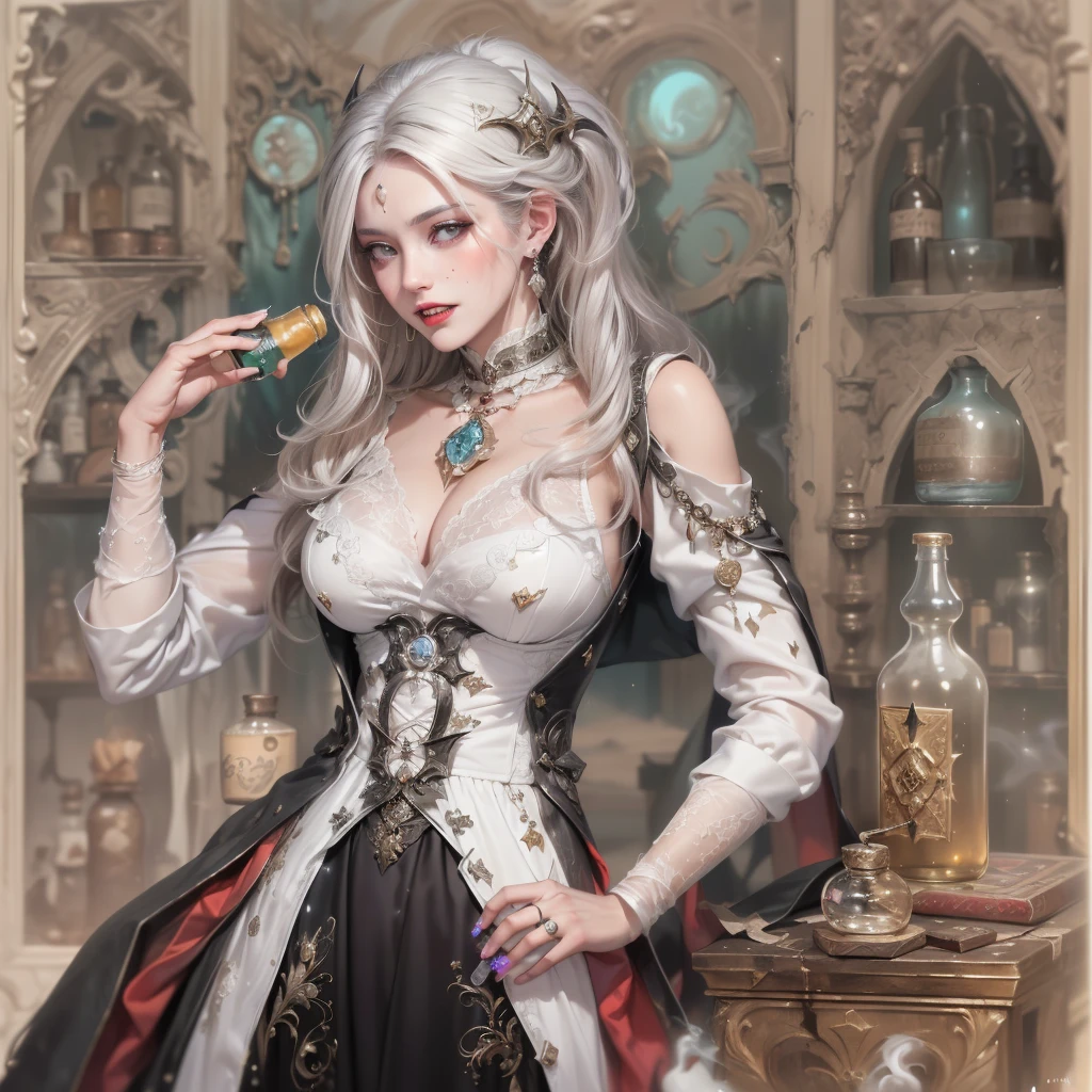 (very detailed background:1.0), (highly detailed background:1.0), (Masterpiece), High Quality, 1girl, woman, tattoos, irezumi, depth of field, dynamic lighting, high quality shadows, feminine, plunging neckline, breast curtains, Revealing clothes, , white dress, reze, white hair