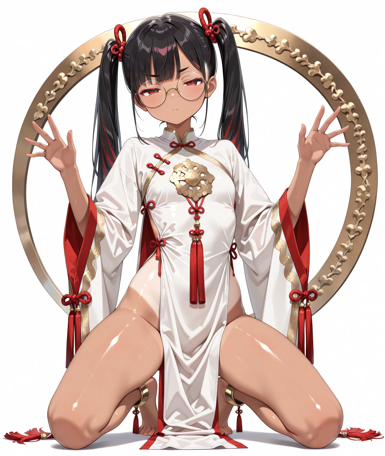 Transparent hair、hime-cut、Golden Eyes、eye glasses、ssmile、early teenage girls、flat chest、Thin pubic hair、Beautiful open legs、Japan House