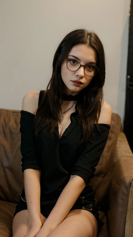 araffe sitting em um sofa, relaxing on the sofa, sitting not sofa, relaxed pose, sitting not sofa, elegant pose, pose laciva, sitting not sofa, sitting on a sofa, sitting in a room, pose casual, on a sofa, relaxing on a sofa, desperate pose, sentado on a sofa, neckleace, breasts big, wearing glasses, glasses on the face, hair stuck, chestnut hair, mature woman, fur details, pijama pants